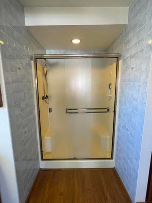 Bathroom, Glass Shower, Interior, Recessed Lighting, Wood Texture Flooring