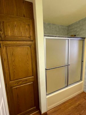 Bathroom, Glass Shower, Interior, Wood Texture Flooring
