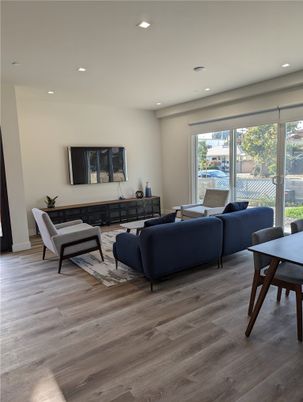 Dining room, Interior, Living room, Recessed Lighting, Wood Texture Flooring