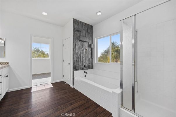 Bathroom, Glass Shower, Interior, Recessed Lighting, Wood Texture Flooring