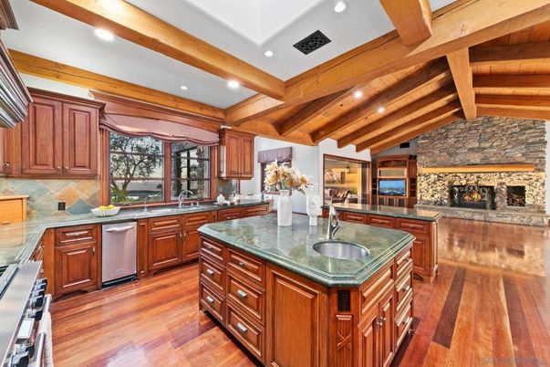 Fireplace, Interior, Kitchen, Recessed Lighting, Stainless Steel Appliances, Stone Walls, Wooden Beams, Wooden Ceilings, Wood Texture Flooring
