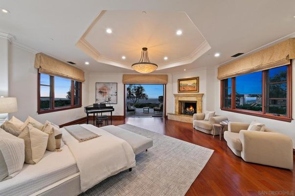 Bedroom, Fireplace, Interior, Living room, Pendant Lights, Piano, Recessed Lighting, Wood Texture Flooring