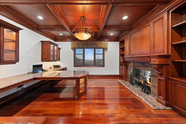 Fireplace, Home Office, Interior, Pendant Lights, Recessed Lighting, Wooden Beams, Wooden Ceilings, Wood Texture Flooring