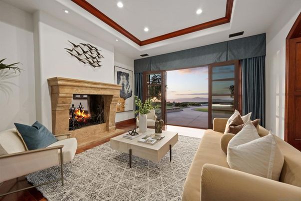 Fireplace, Interior, Living room, Recessed Lighting, Water, Wood Texture Flooring