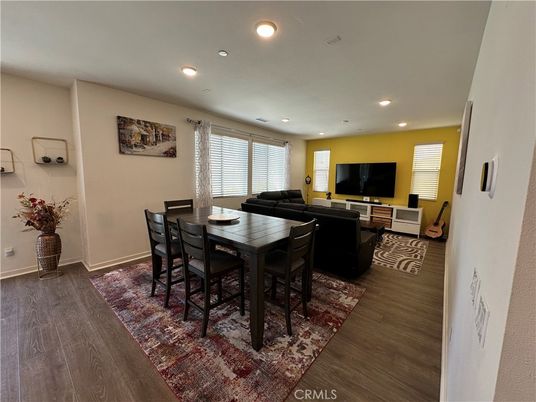Dining room, Interior, Living room, Recessed Lighting, Wood Texture Flooring