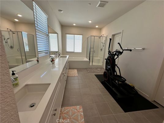 Bathroom, Dual Sink Vanities, Fitness Equipment, Glass Shower, Interior, Recessed Lighting
