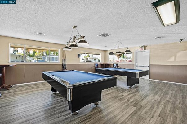 Billiard Table, Game Room, Interior, Pendant Lights, Wood Texture Flooring