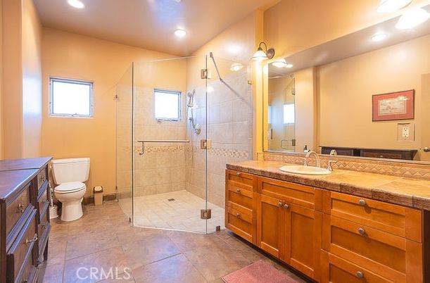 Bathroom, Glass Shower, Interior, Recessed Lighting, Tile Countertops