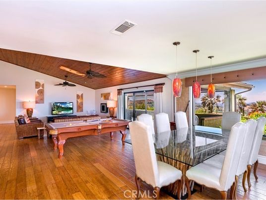 Billiard Table, Dining room, Game Room, Interior, Pendant Lights, Recessed Lighting, Wooden Ceilings, Wood Texture Flooring