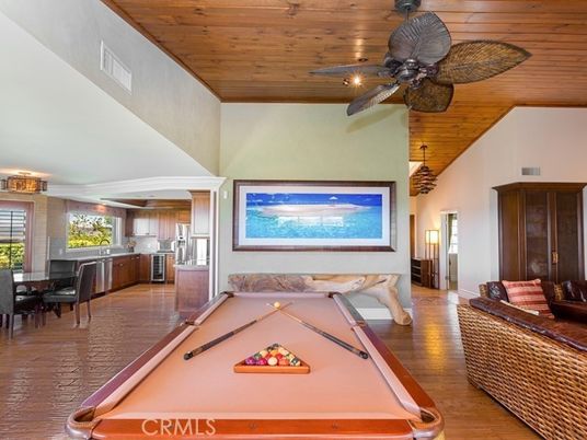 Billiard Table, Chandelier, Dining room, Game Room, Interior, Kitchen, Pendant Lights, Wooden Ceilings, Wood Texture Flooring