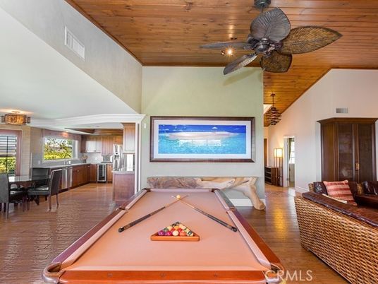 Billiard Table, Chandelier, Dining room, Game Room, Interior, Kitchen, Wooden Ceilings, Wood Texture Flooring