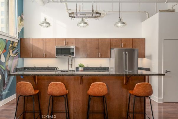 Interior, Kitchen, Pendant Lights, Stainless Steel Appliances, Wood Texture Flooring
