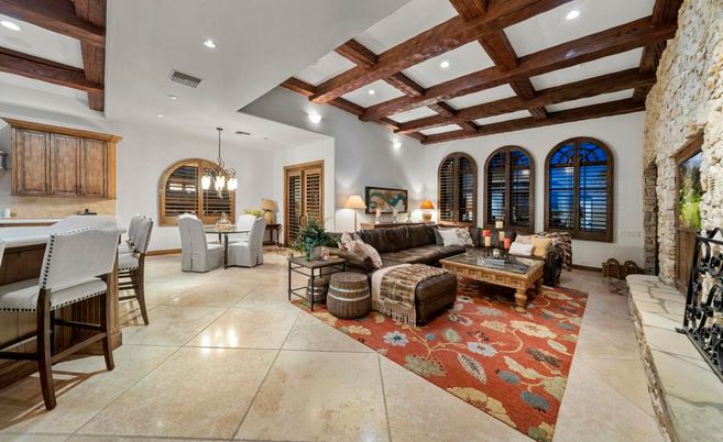 Chandelier, Dining room, Interior, Living room, Pendant Lights, Recessed Lighting, Wooden Beams