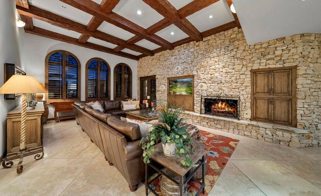 Fireplace, Interior, Living room, Recessed Lighting, Stone Walls, Wooden Beams