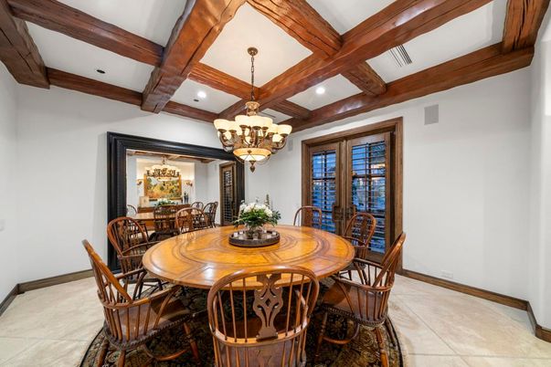 Chandelier, Dining room, Interior, Recessed Lighting, Wooden Beams