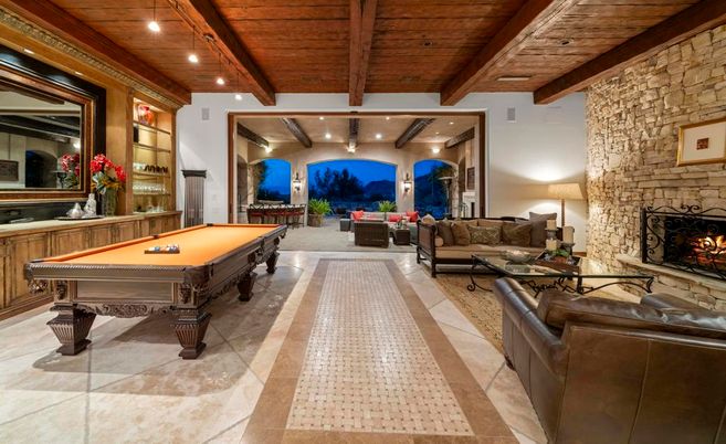 Billiard Table, Fireplace, Game Room, Interior, Living room, Recessed Lighting, Stone Walls, Wooden Beams, Wooden Ceilings
