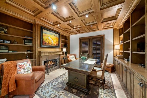 Fireplace, Home Office, Interior, Recessed Lighting, Wooden Beams, Wooden Ceilings