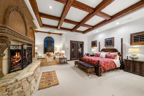 Bedroom, Fireplace, Interior, Recessed Lighting, Wooden Beams
