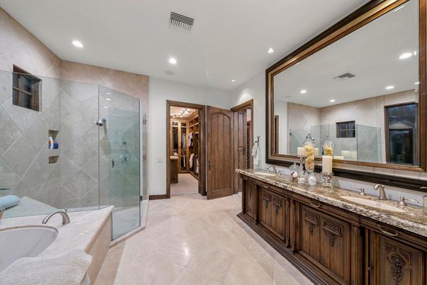 Bathroom, Dual Sink Vanities, Glass Shower, Interior, Recessed Lighting