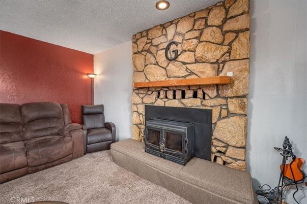 Fireplace, Interior, Recessed Lighting, Stone Walls