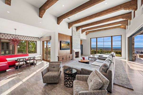 Dining room, Fireplace, Interior, Living room, Recessed Lighting, Water, Wooden Beams, Wood Texture Flooring