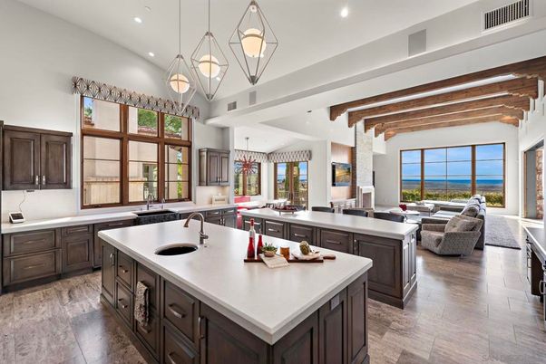 Chandelier, Interior, Kitchen, Living room, Pendant Lights, Recessed Lighting, Wooden Beams
