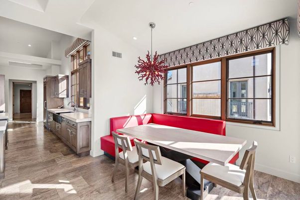 Dining room, Interior, Kitchen, Pendant Lights, Recessed Lighting, Wood Texture Flooring