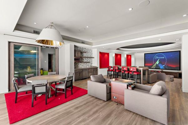 Dining room, Interior, Living room, Recessed Lighting, Wood Texture Flooring