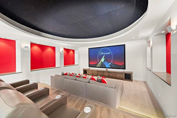 Home Theatre Room, Interior, Projection Screen, Recessed Lighting, Theatre Room, Wood Texture Flooring