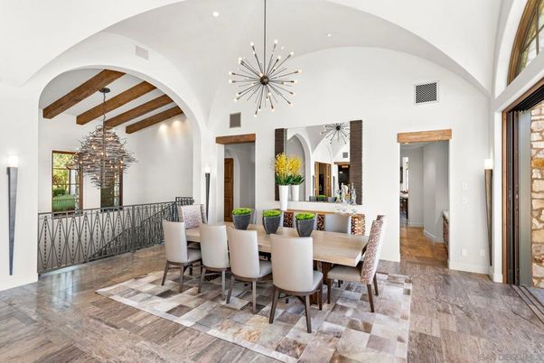 Dining room, Interior, Pendant Lights, Wooden Beams, Wood Texture Flooring