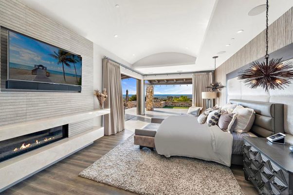 Bedroom, Fireplace, Interior, Pendant Lights, Recessed Lighting, Wood Texture Flooring