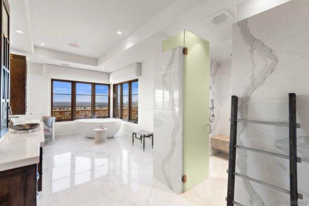 Bathroom, Dual Sink Vanities, Free Standing Baths, Glass Shower, Interior, Marble, Marble Walls, Recessed Lighting