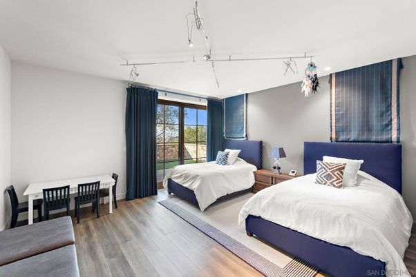 Bedroom, Interior, Pendant Lights, Wood Texture Flooring