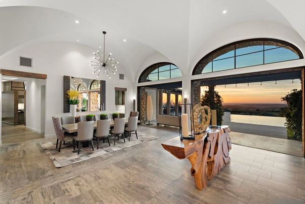 Dining room, Interior, Pendant Lights, Recessed Lighting, Water, Wood Texture Flooring