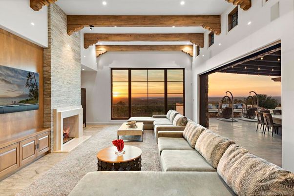 Fireplace, Interior, Living room, Recessed Lighting, Water, Wooden Beams, Wood Texture Flooring