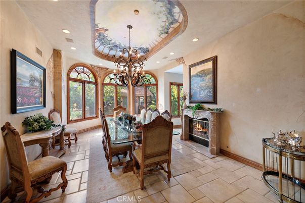 Chandelier, Dining room, Fireplace, Interior, Recessed Lighting