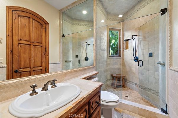 Bathroom, Glass Shower, Interior, Recessed Lighting, Tile Countertops