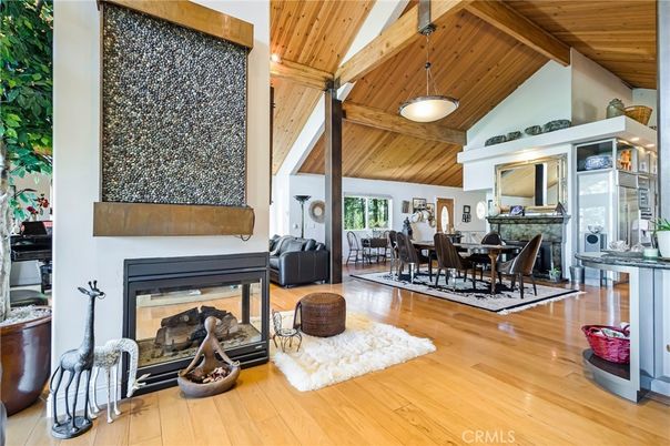 Dining room, Fireplace, Interior, Pendant Lights, Wooden Beams, Wooden Ceilings, Wood Texture Flooring