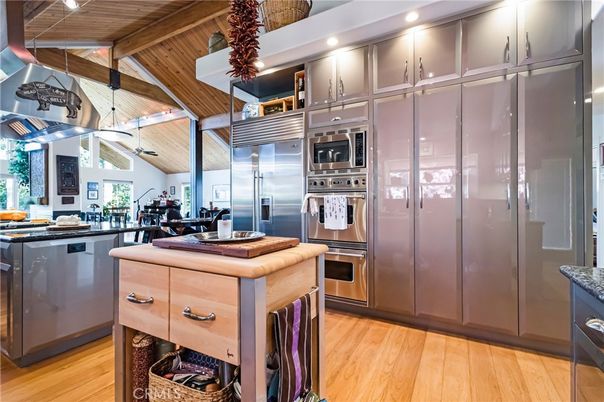 Interior, Kitchen, Recessed Lighting, Stainless Steel Appliances, Wooden Beams, Wooden Ceilings, Wood Texture Flooring