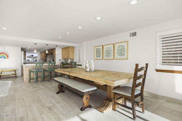 Dining room, Interior, Kitchen, Pendant Lights, Recessed Lighting, Wood Texture Flooring