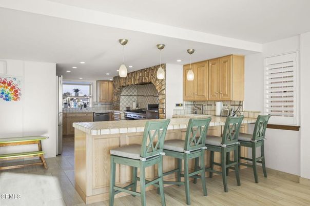 Interior, Kitchen, Pendant Lights, Recessed Lighting, Tile Countertops, Wood Texture Flooring