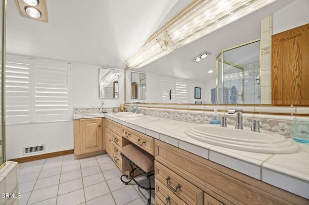 Bathroom, Dual Sink Vanities, Interior, Recessed Lighting, Tile Countertops