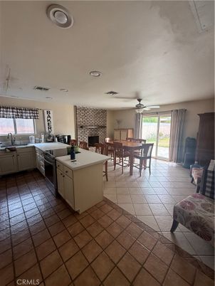 Dining room, Fireplace, Interior, Kitchen, Recessed Lighting, Stone Walls