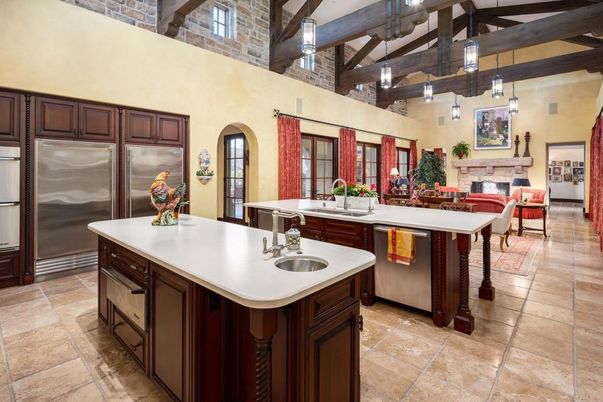 Dining room, Fireplace, Interior, Kitchen, Pendant Lights, Stainless Steel Appliances, Wooden Beams