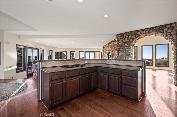 Interior, Kitchen, Recessed Lighting, Stone Walls, Wood Texture Flooring