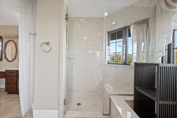 Bathroom, Glass Shower, Interior, Marble, Marble Walls, Recessed Lighting