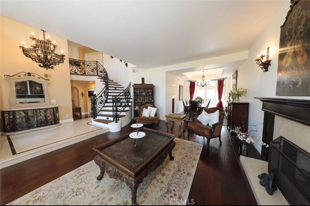 Chandelier, Dining room, Fireplace, Interior, Living room, Wood Texture Flooring