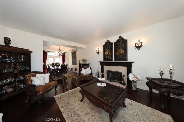 Chandelier, Dining room, Fireplace, Interior, Living room, Wood Texture Flooring