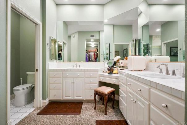 Bathroom, Dual Sink Vanities, Interior, Recessed Lighting, Tile Countertops