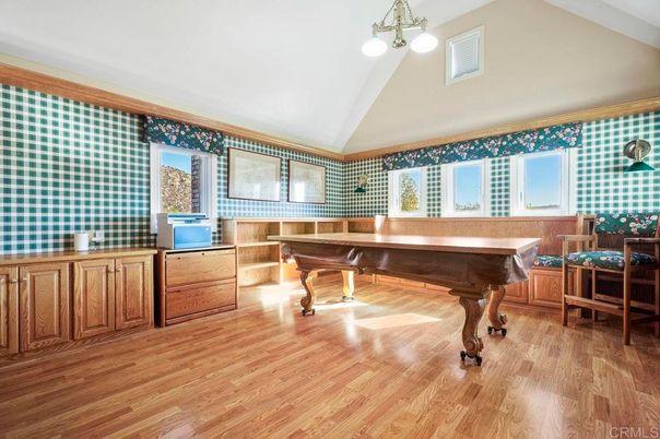Billiard Table, Game Room, Interior, Pendant Lights, Piano, Wood Texture Flooring